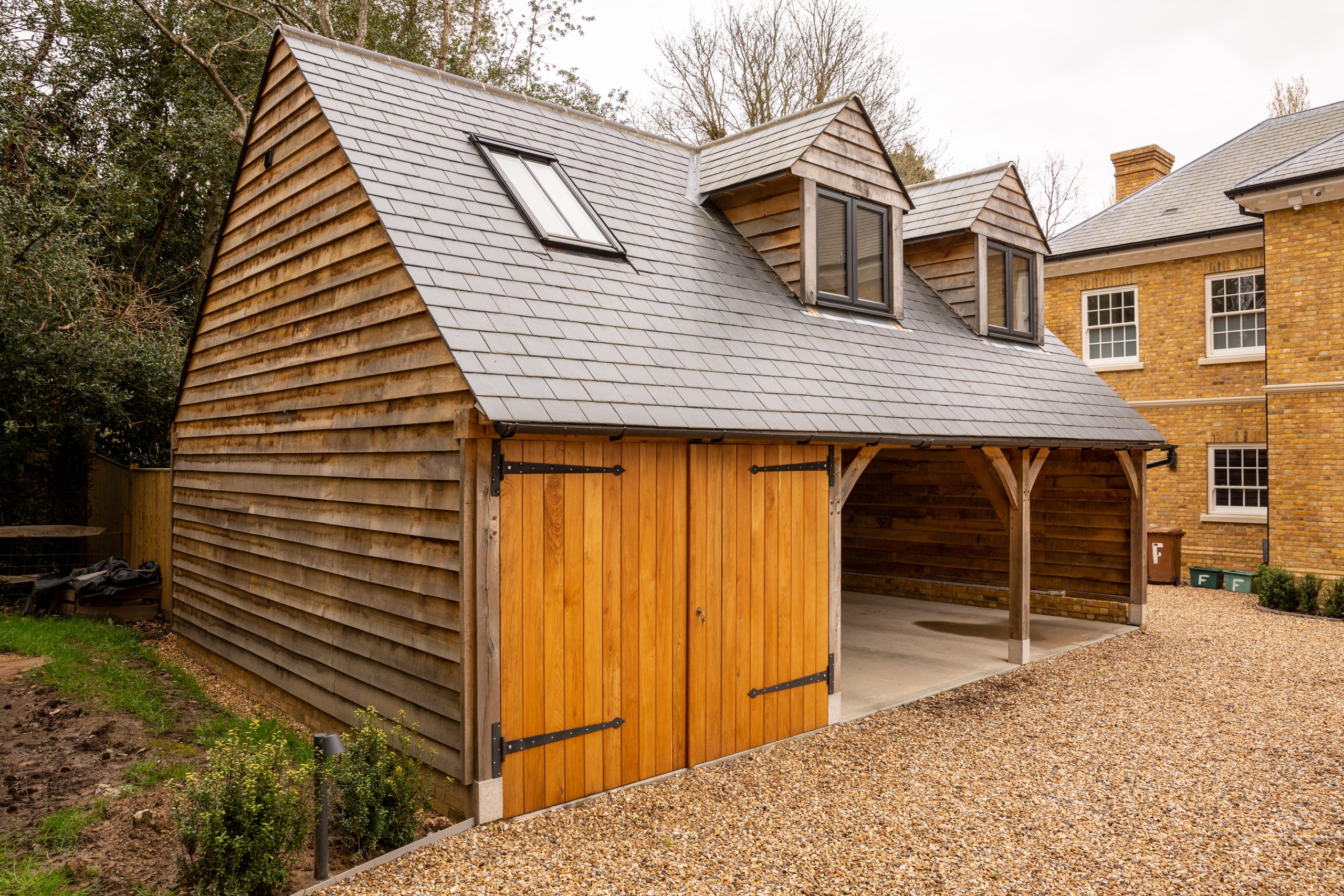 3 bay oak framed garage with room above Round Wood