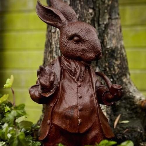Cast Iron Woodland Creature - Rabbit With Pipe Statue