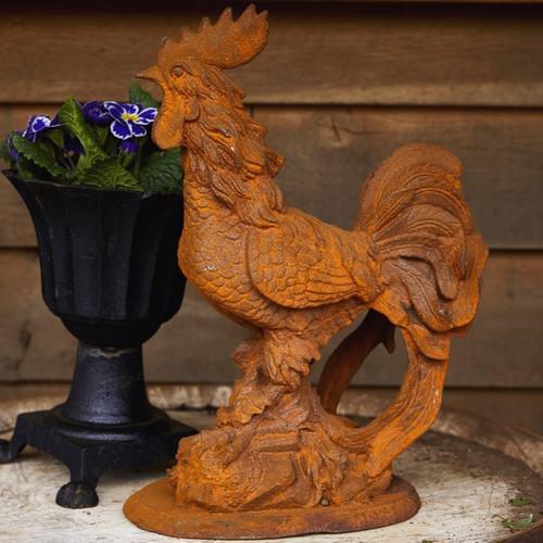 Cast Iron Crowing Cockerel Statue - 300mm High