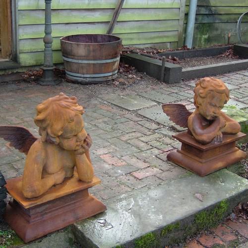 Cast Iron Pair of Gatepost Cherubs Statue