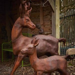 Cast Iron Frolicking Stag and Calf Statue - 1750mm High