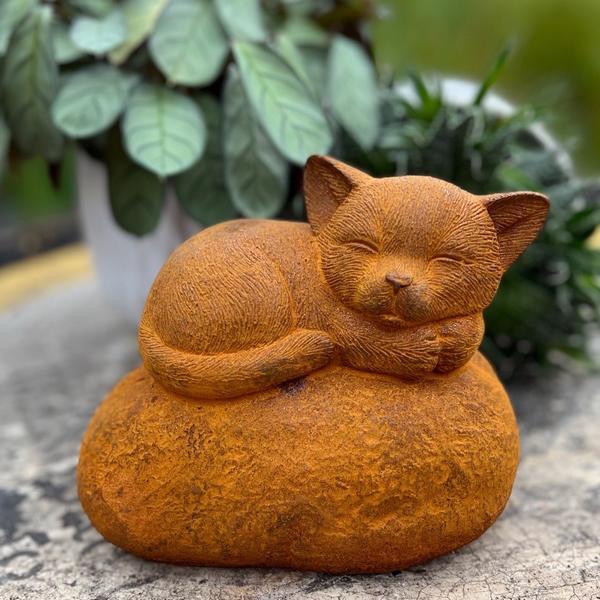 Cast Iron Perched Kitten on a Rock Statue