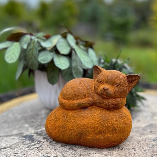 Cast Iron Perched Kitten on a Rock Statue