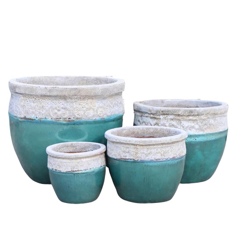 Glazed Ceramic Vuban Round Pot - Falling Green