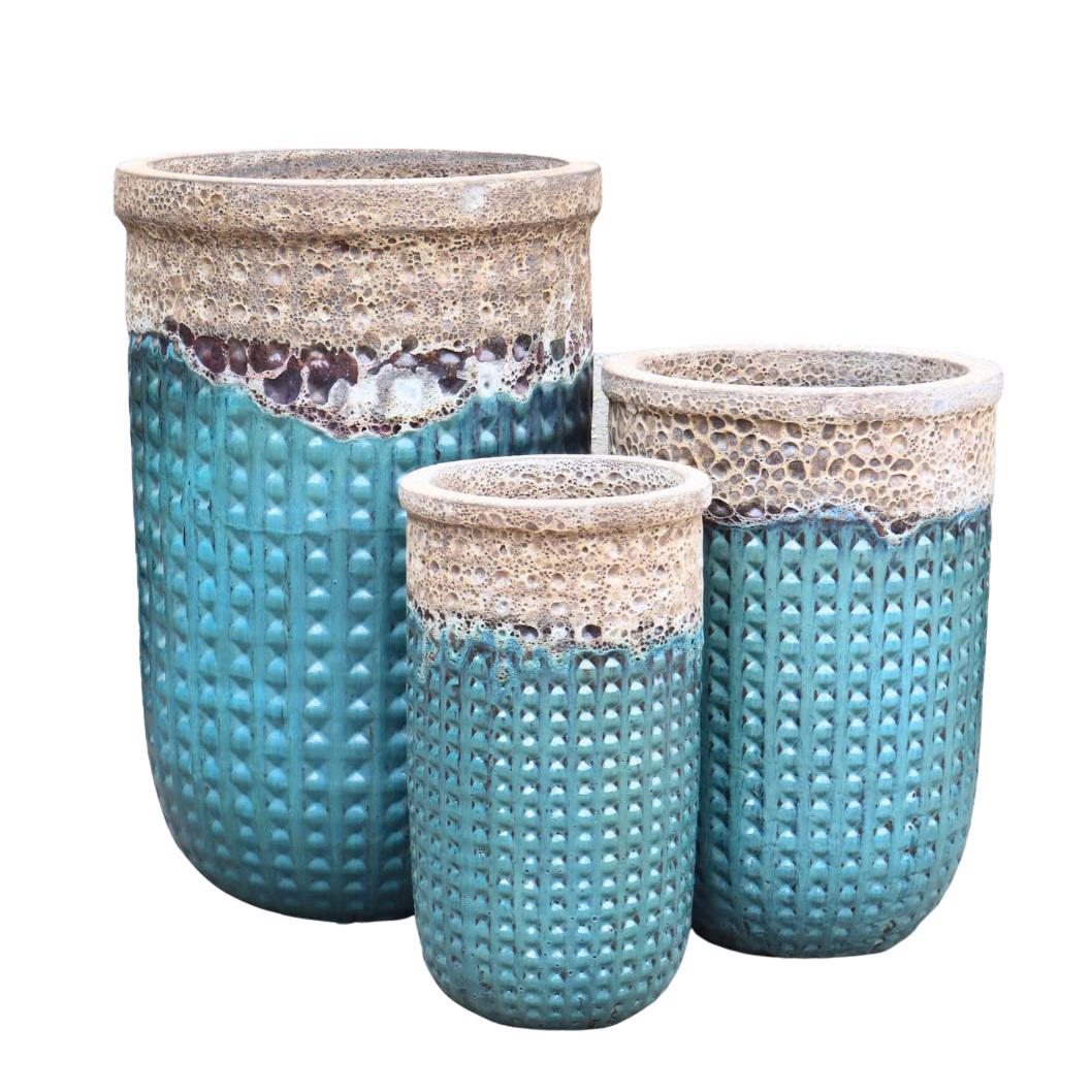 Glazed Ceramic Waffle Cylinder Pot - Falling Green