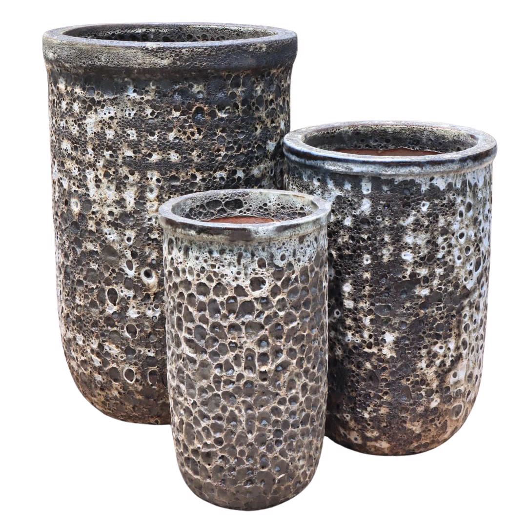 Glazed Ceramic Waffle Cylinder Pot - Black Atlantis