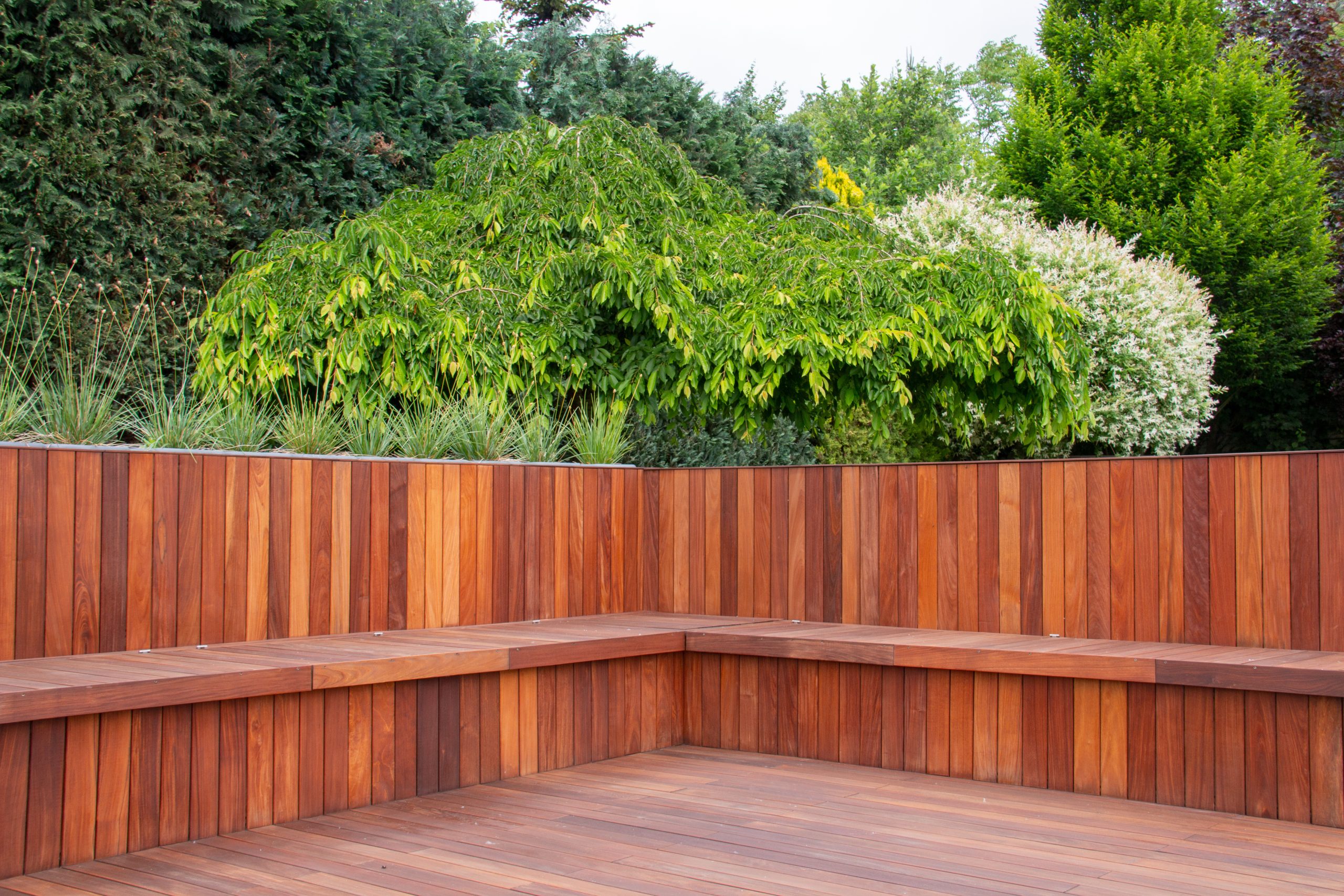 Hardwood timber deck, bench and cladding wood structure with greenery garden view, brown and green natural elements